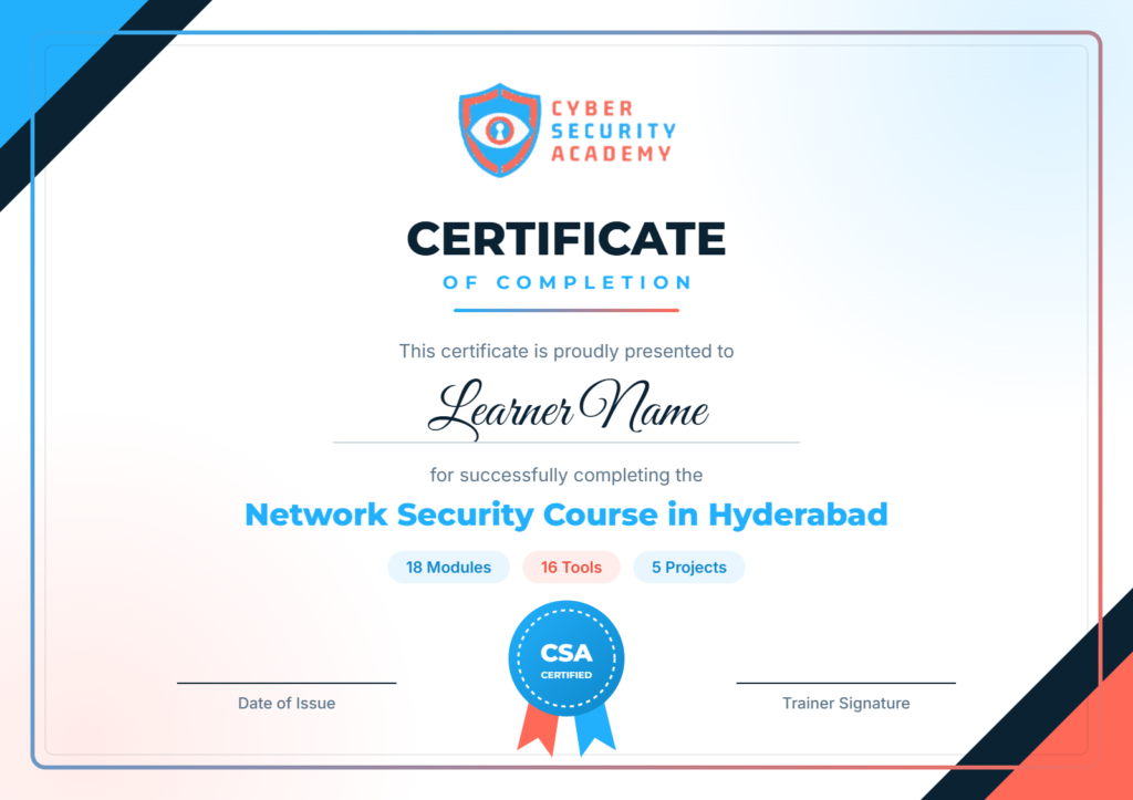 Network Security Course in Hyderabad certificate of completion — Cyber Security Academy