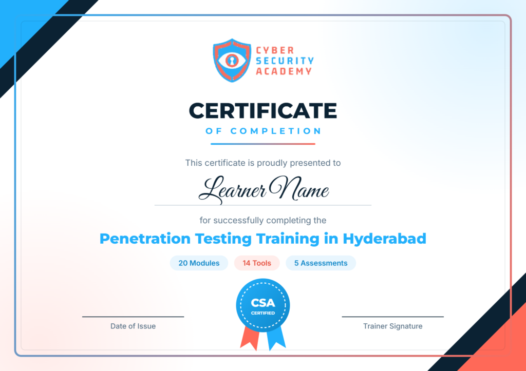 Penetration Testing Training in Hyderabad certificate of completion — Cyber Security Academy