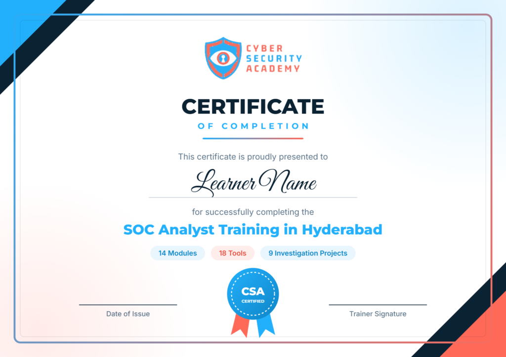 Sample Cyber Security Academy SOC Analyst Training course completion certificate