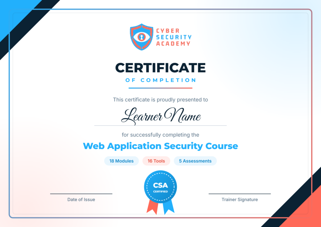 Web Application Security Course in Hyderabad certificate of completion — Cyber Security Academy